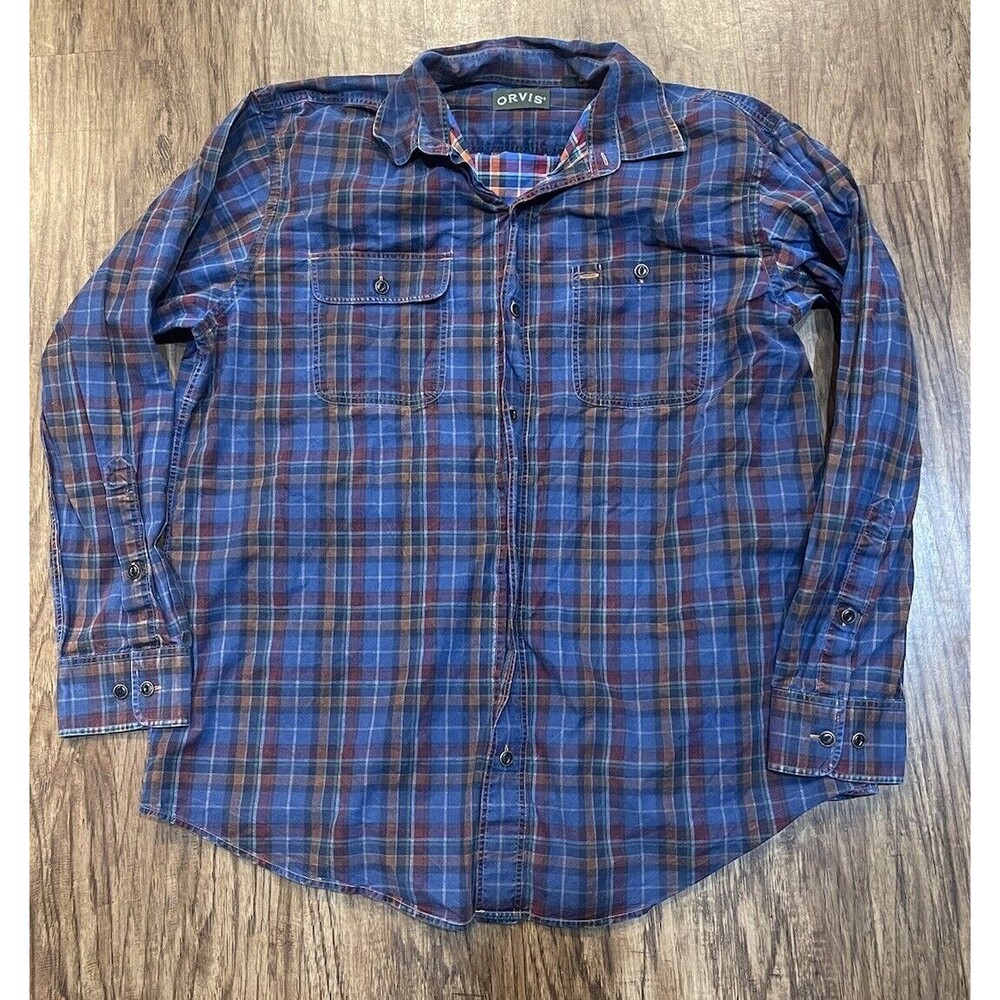 Orvis Shirt Mens Large Plaid Long Sleeve Button Down Blue Orange Red Green